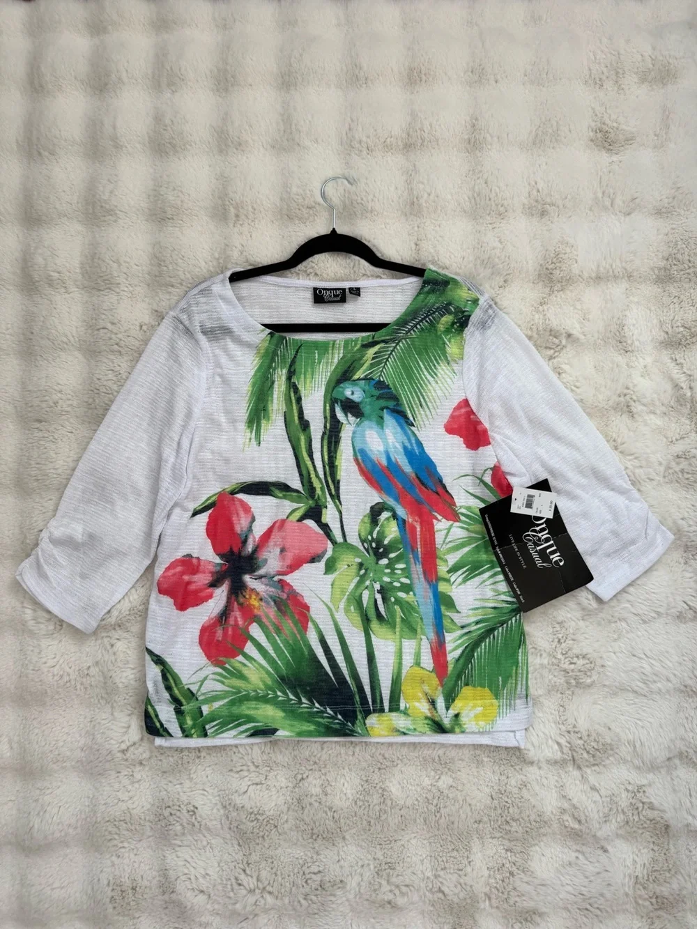 Onque Casuals White Top with Black Trim and Green Print - Picture 1 of 8